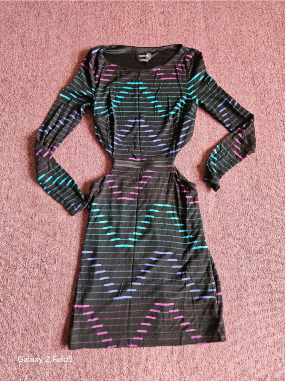 Women's Bebe Cutout Mini Dress XS Black Multi-color Long Sleeve